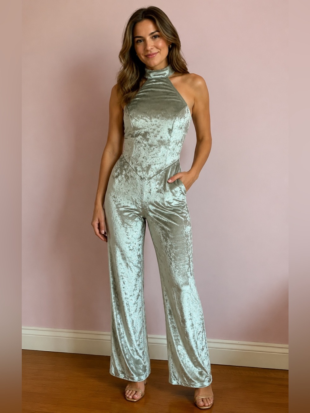Vintage 90s Velvet Halter Wide-Leg Jumpsuit in Silver